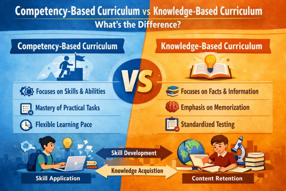Book and teacher on a desk illustrating competency vs knowledge curriculum concept.