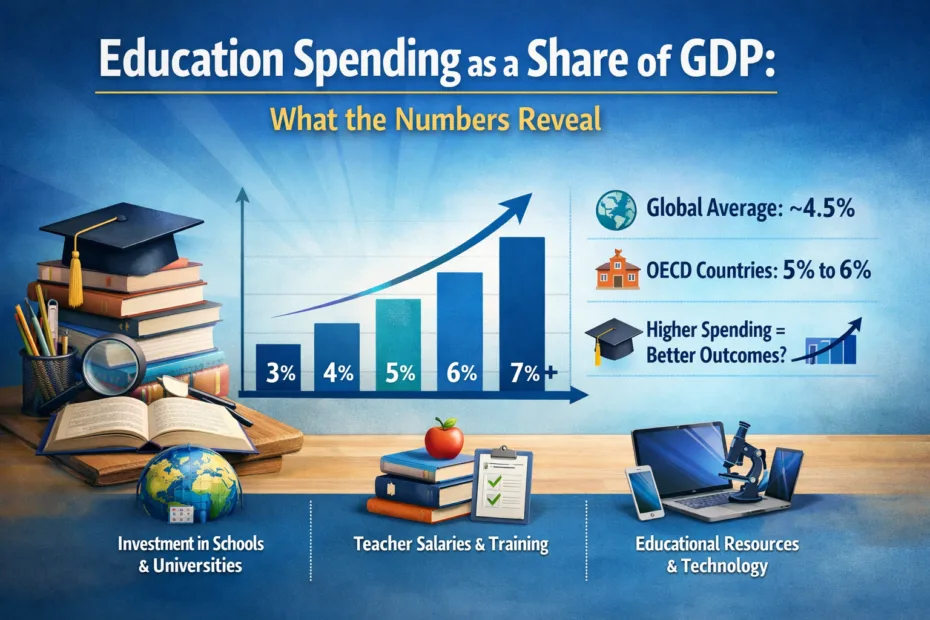 Education spending as a share of GDP shown with a bar chart and a teacher at a desk.