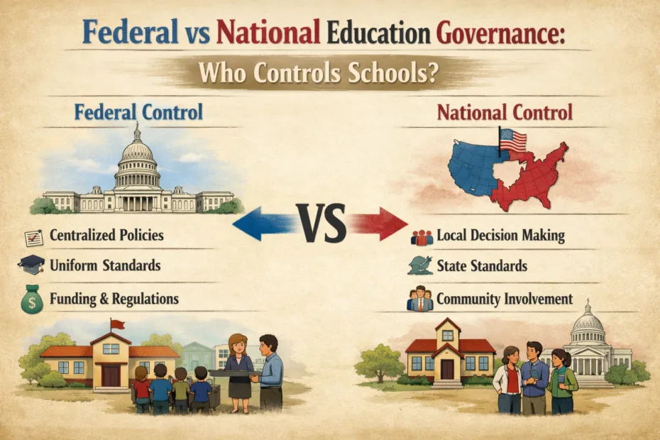Students seated in a classroom with a comparison diagram of federal and national education governance.