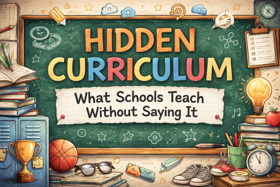 Students reading a chalkboard with 'Hidden Curriculum' written, illustrating school lessons.