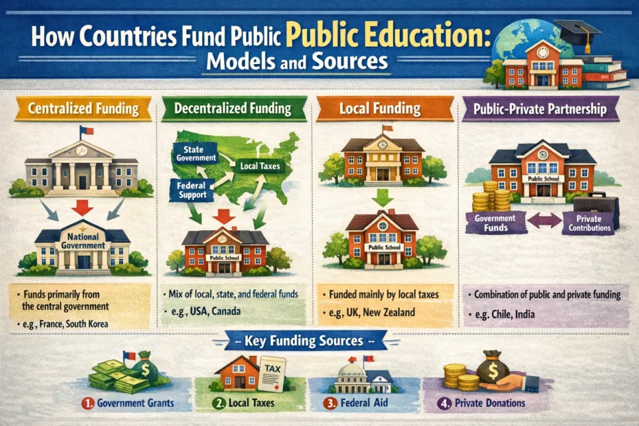 Countries fund education using models like government budgets and local taxes, with school buildings in the background.