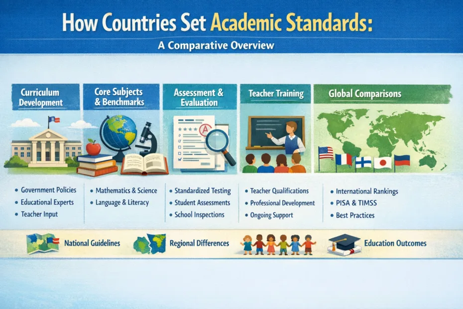 Countries set academic standards, shown with students taking a test in a classroom.
