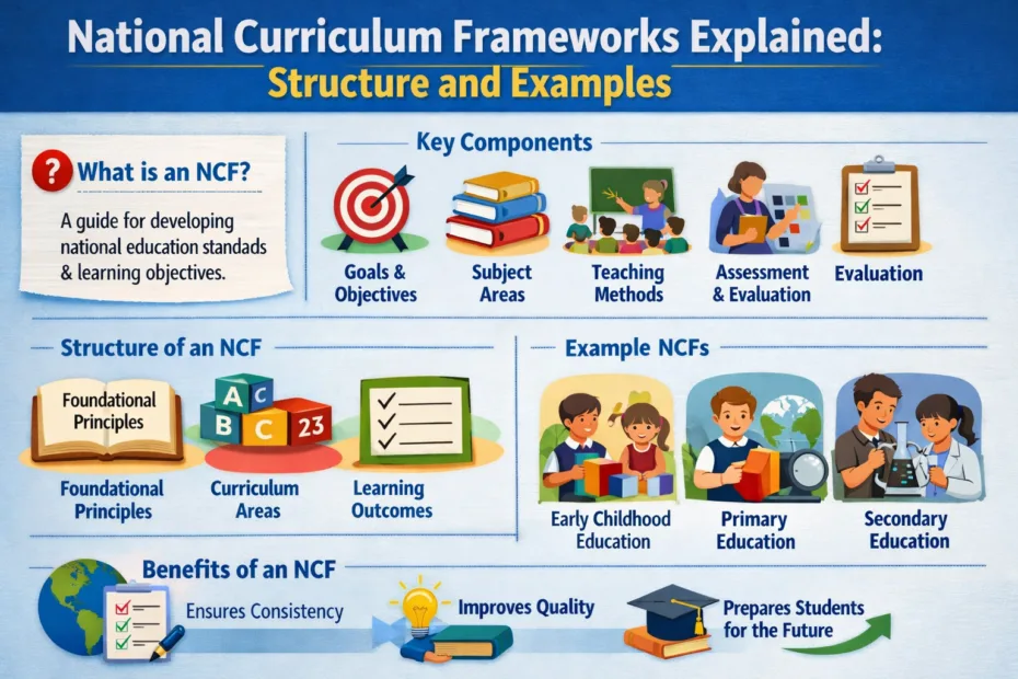 National curriculum frameworks chart shows goals, content, and assessments for students.