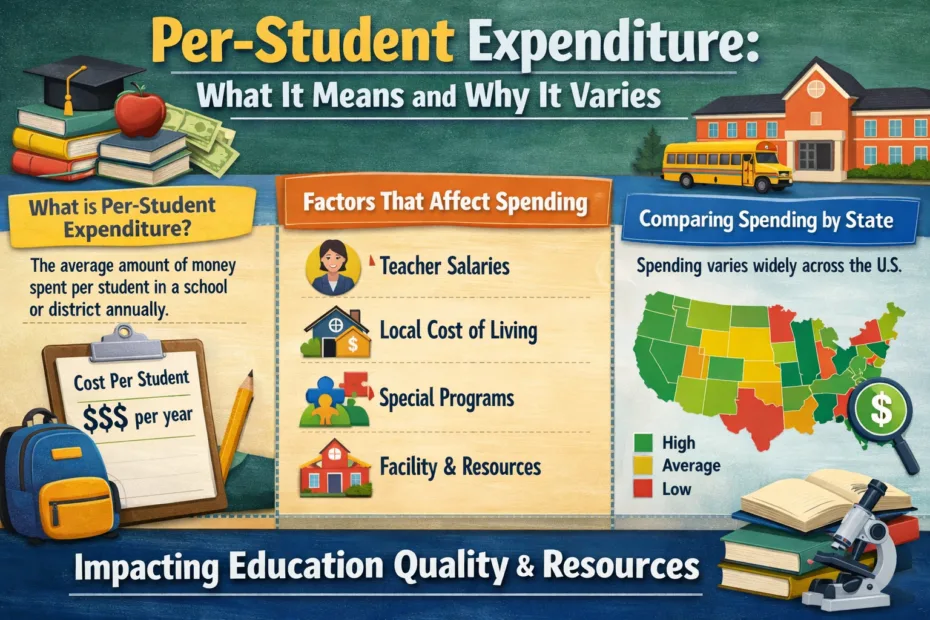 Per-student expenditure chart showing cost with a school building in the background.