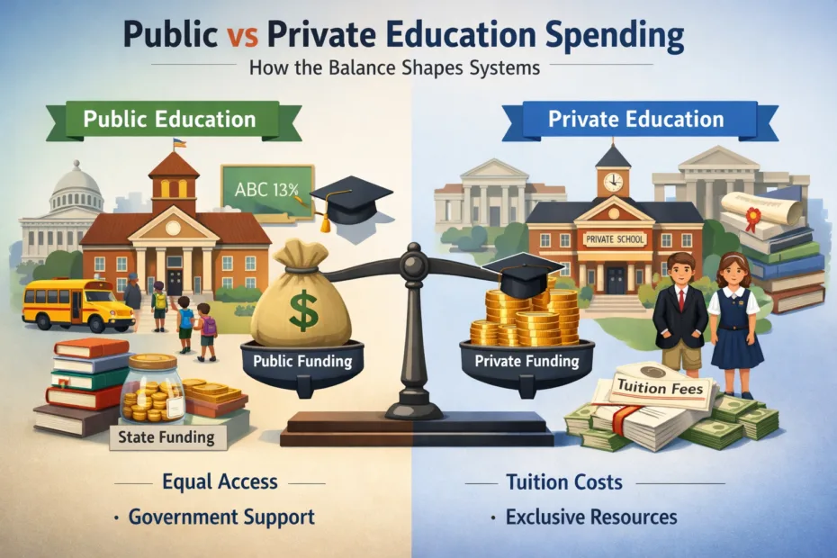 A classroom with students and a teacher, illustrating public and private education spending.