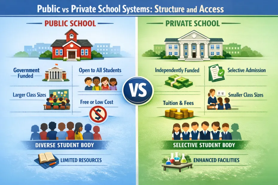 Public and private school buildings side by side, showing differences in structure and access