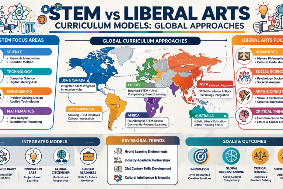 Student in a classroom with books, illustrating STEM vs liberal arts curriculum models.