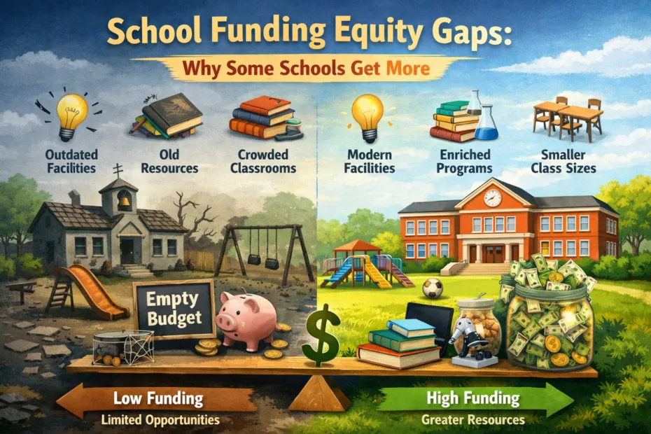 School funding gaps with a piggy bank and school bus highlight funding inequality.