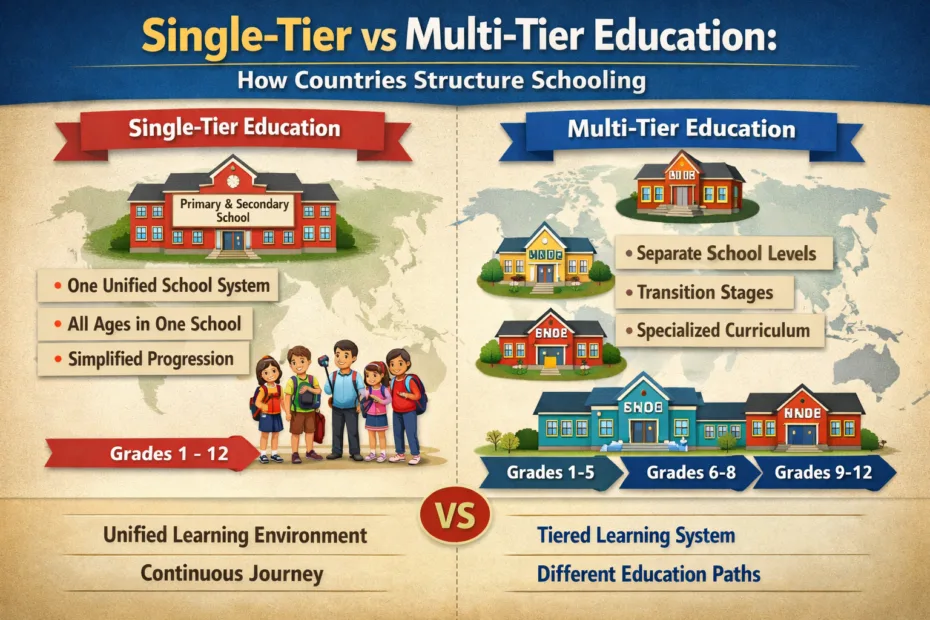 Children walk in a classroom with a single-tier school building on the left and multi-tier schools on the right.